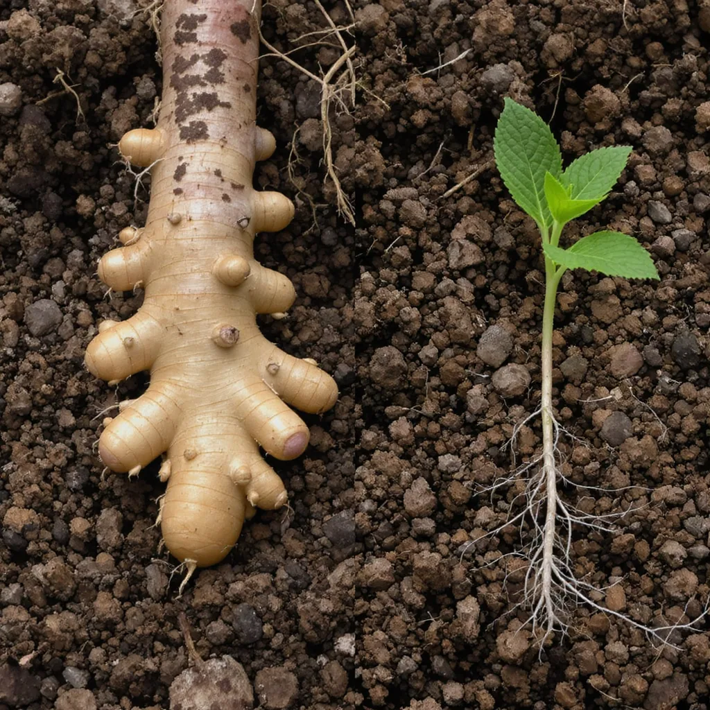 Side-by-side Comparison Of Ginger And Mint Rhizomes On Soil