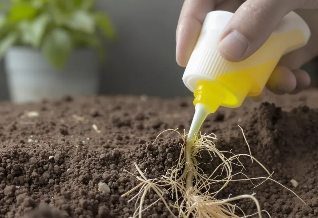 Applying rooting hormone powder to a plant cutting for propagation