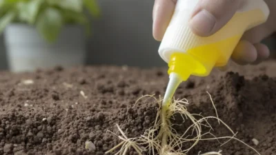 Applying rooting hormone powder to a plant cutting for propagation