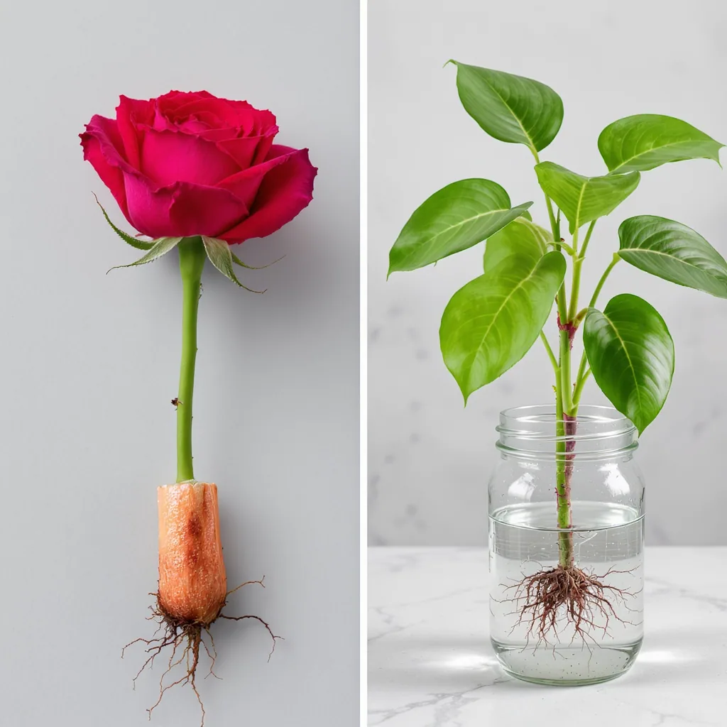 Side-by-side Comparison Of A Woody Rose Cutting With Gel And