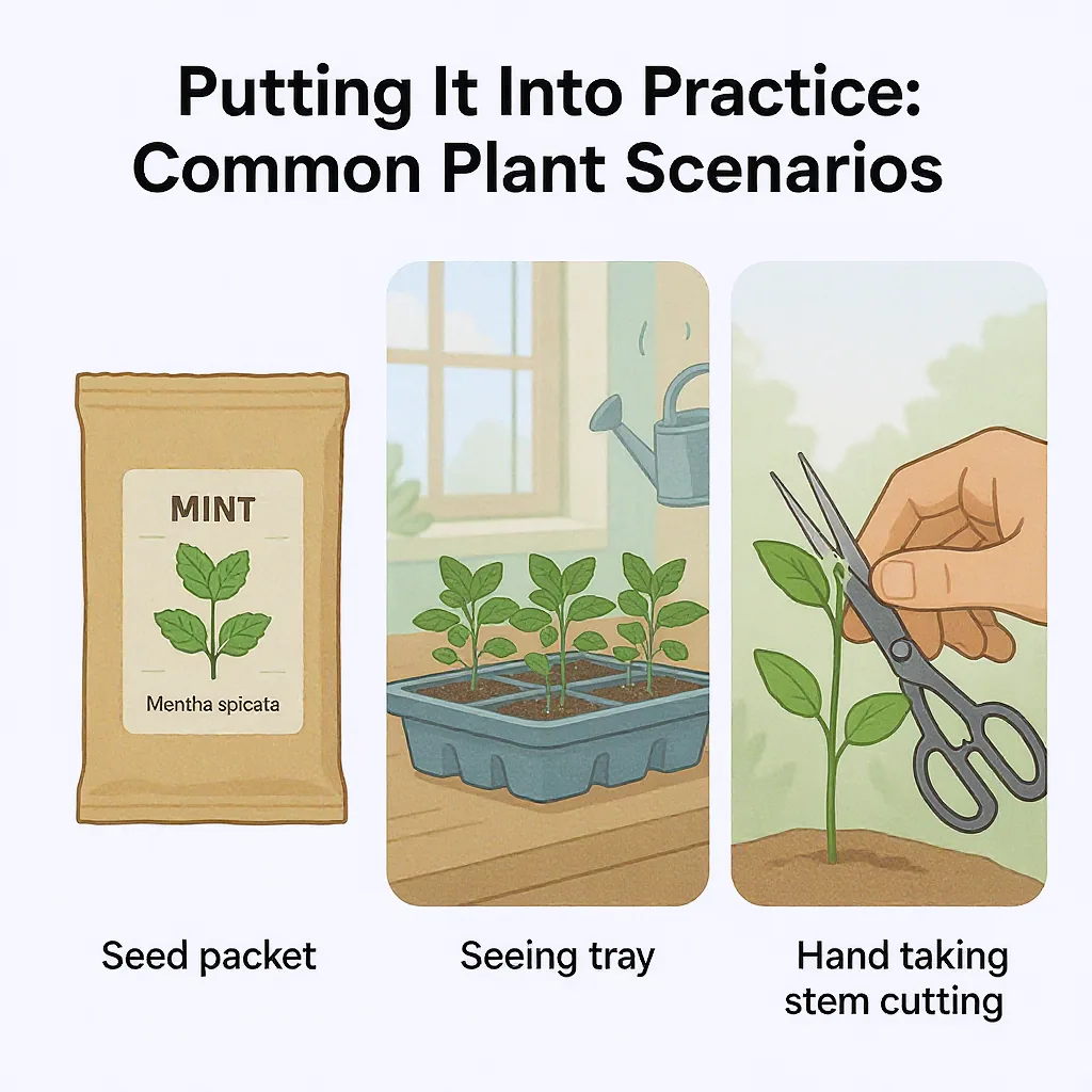 Illustration Comparing Seed Packets Seedling Trays And Taking A Mint