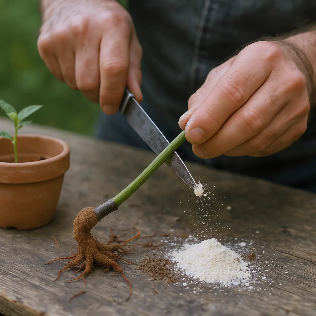 Hands Wounding A Plant Stem And Applying Rooting Hormone Powder.