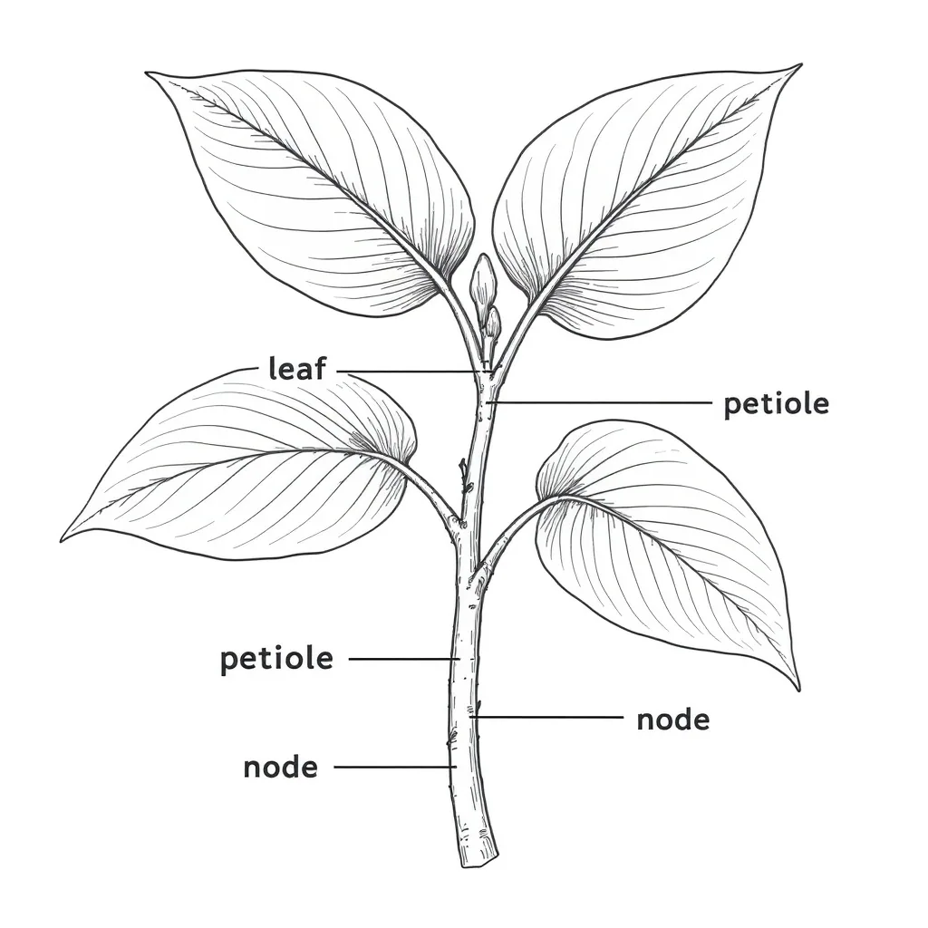 Close-up Diagram Of A Pothos Stem With Labeled Parts