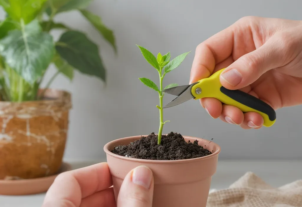 Close-up of a healthy houseplant stem cutting rooting in water with visible root nodes