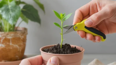 Close-up of a healthy houseplant stem cutting rooting in water with visible root nodes