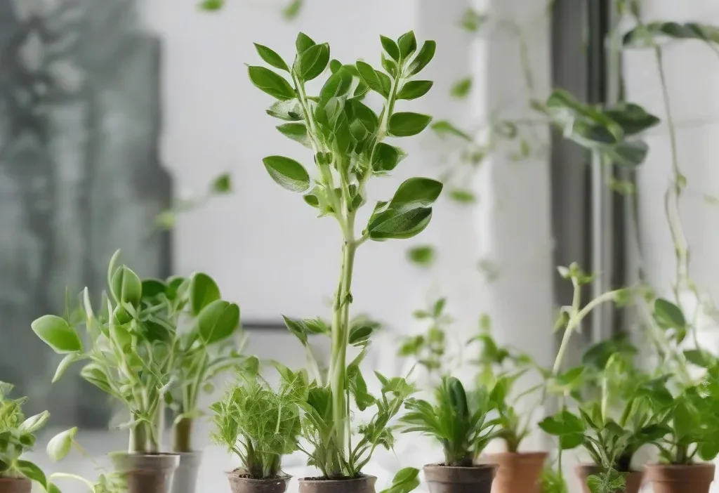 Illustrated guide showing stem cutting propagation steps for different houseplants like pothos, rosemary, and geraniums.