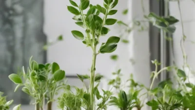 Illustrated guide showing stem cutting propagation steps for different houseplants like pothos, rosemary, and geraniums.