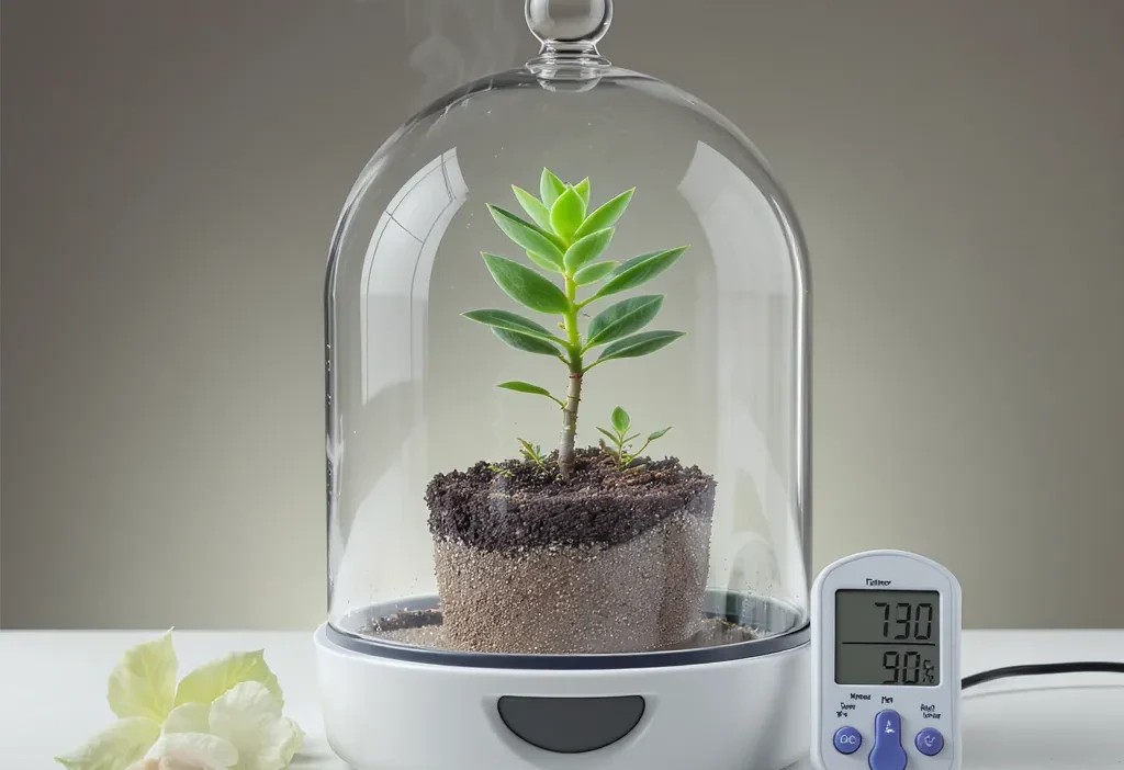 Illustration comparing warmth and humidity's effects on plant propagation with seedlings and moisture droplets.