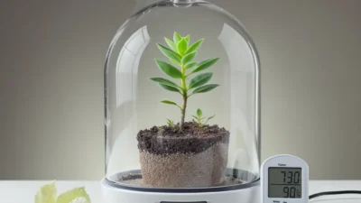 Illustration comparing warmth and humidity's effects on plant propagation with seedlings and moisture droplets.