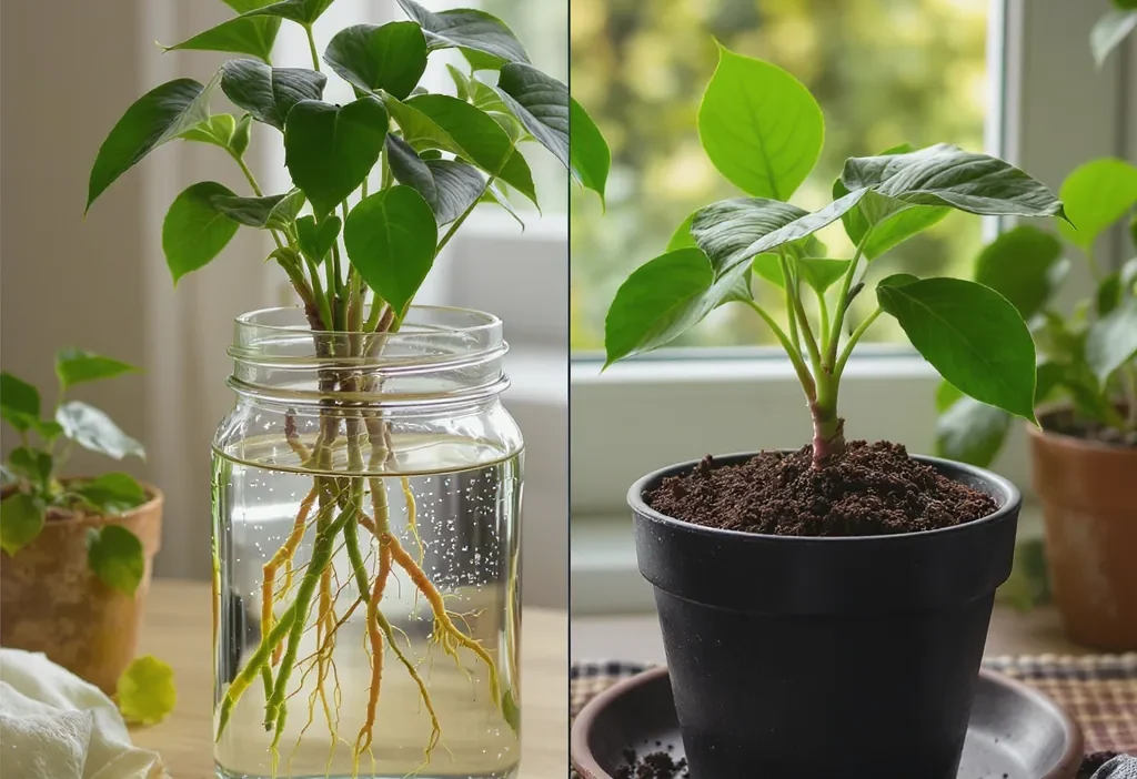 Side-by-side comparison of plant stem cuttings rooting in a glass of water versus a pot of soil.