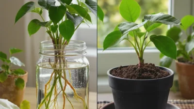 Side-by-side comparison of plant stem cuttings rooting in a glass of water versus a pot of soil.