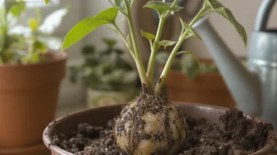 Healthy plant cuttings in moist soil with a spray bottle, showing how to prevent rot and promote rooting.