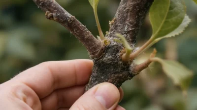 Illustration showing a failed plant graft and beginner-friendly repair techniques for successful grafting.