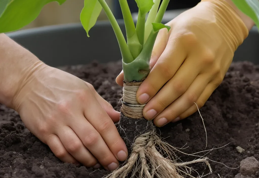 Close-up of a failed plant stem cutting showing rot at the base, next to a healthy cutting in moist soil.