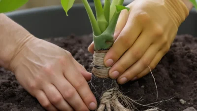 Close-up of a failed plant stem cutting showing rot at the base, next to a healthy cutting in moist soil.