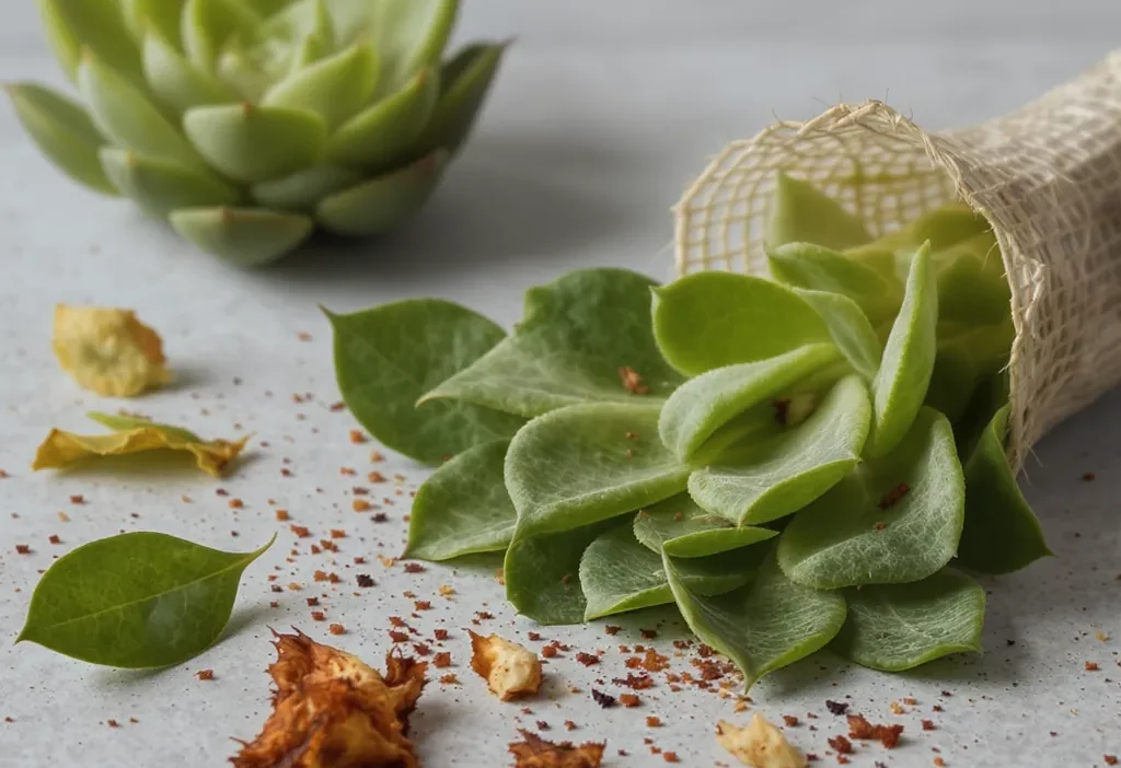 Close-up of a succulent leaf propagation showing healthy roots and a mushy, rotting leaf segment.