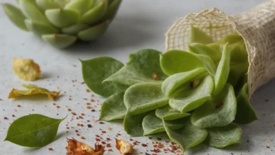 Close-up of a succulent leaf propagation showing healthy roots and a mushy, rotting leaf segment.