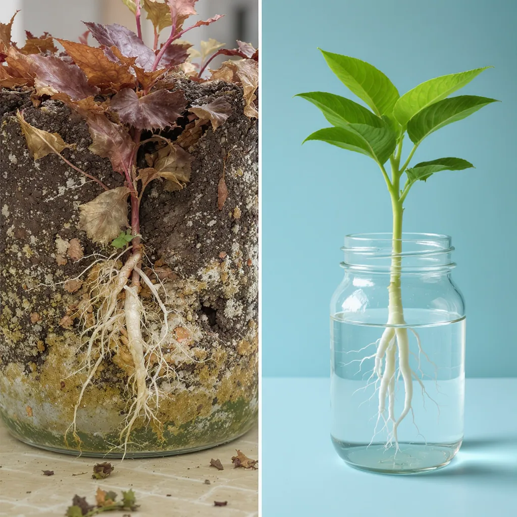 Side-by-side Comparison Of A Rotting Plant Cutting In Soil Versus