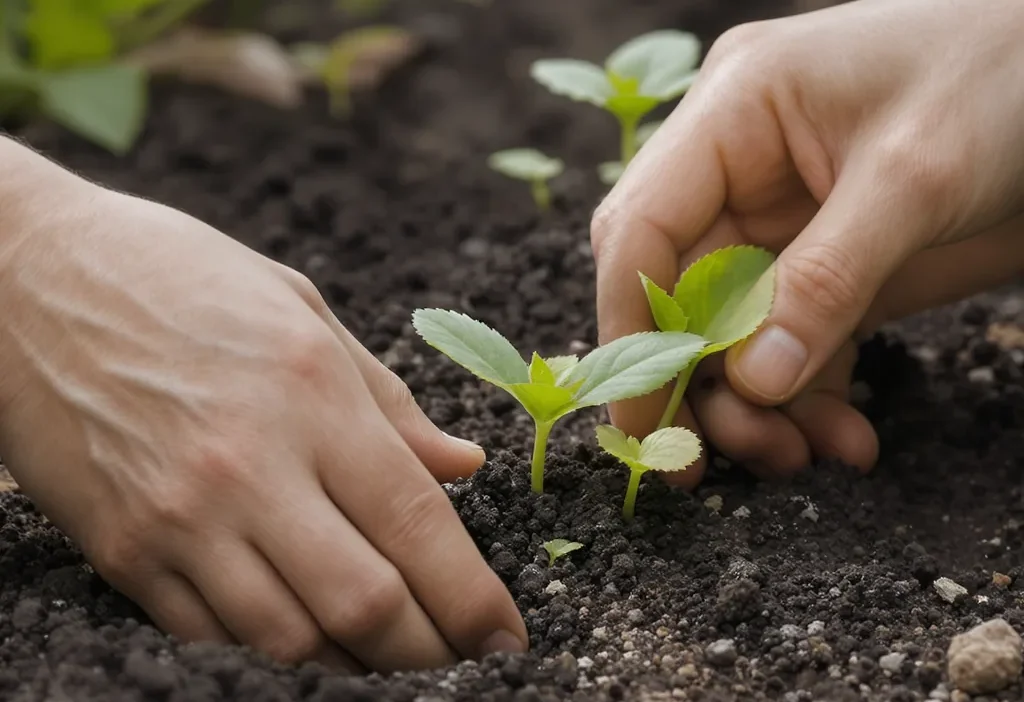 A gardener's hands replanting a separated succulent pup into fresh, well-draining soil.