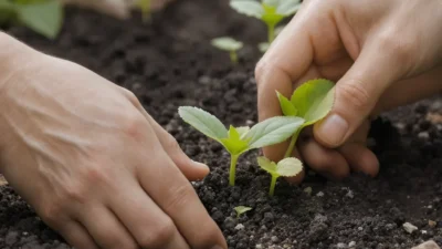 A gardener's hands replanting a separated succulent pup into fresh, well-draining soil.